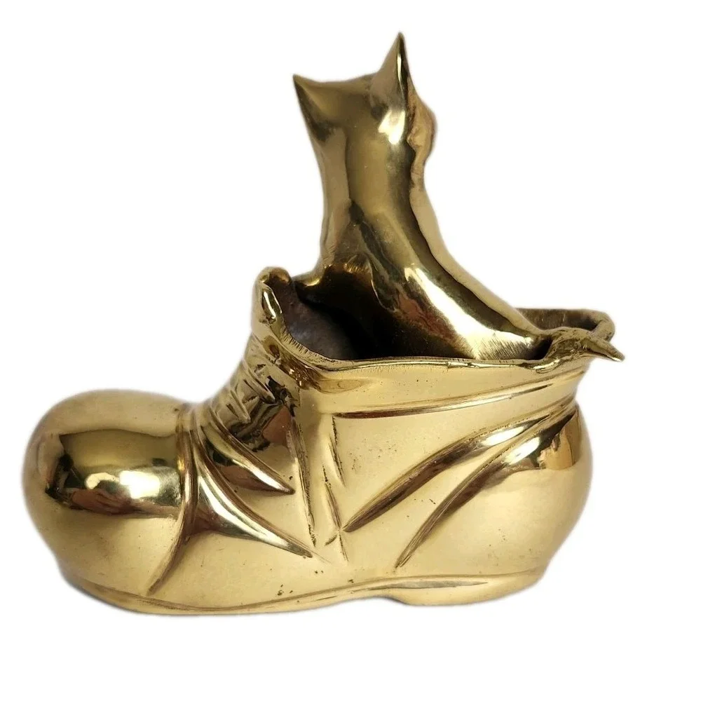 Vintage Brass Cat in Boot Figurine Heavy Kitten Shoe Gold Trinket Paperweight